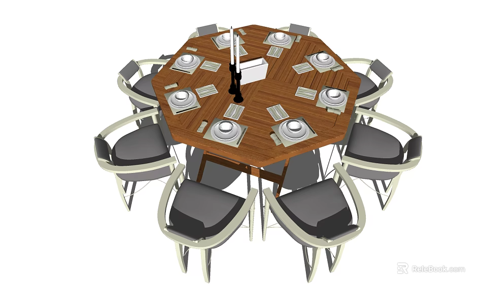 Modern Octagonal Wooden Dining Table Set with Gray Cushioned Chairs Plates Napkins and Black Bottle 3d model 