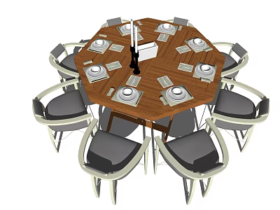 Modern Octagonal Wooden Dining Table Set with Gray Cushioned Chairs Plates Napkins and Black Bottle 3d model