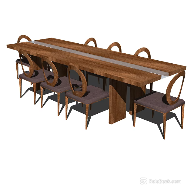 Modern Wooden Dining Table Set with Round Back Chairs and Gray Cushions 3d model 