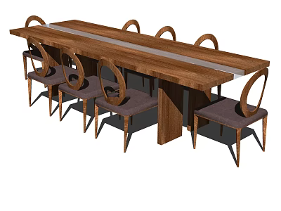 Modern Wooden Dining Table Set with Round Back Chairs and Gray Cushions 3d model