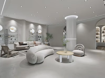 Modern Luxury Living Room Furniture Showroom With Curved Sofa Coffee Table And Decorative Plants 3d model