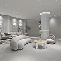 Modern Luxury Living Room Furniture Showroom With Curved Sofa Coffee Table And Decorative Plants