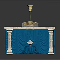 Elegant Display Cabinet with Blue Drapery Marble Top Carved Columns and Diamond Ring