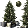 Decorated Christmas Tree With Gold Silver Star Ornaments Snowflake And Black Gift Boxes