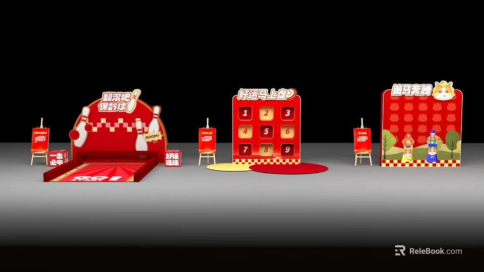 Game Interactive Zone Design With Red Background Number Grids And Display Stands 3d model