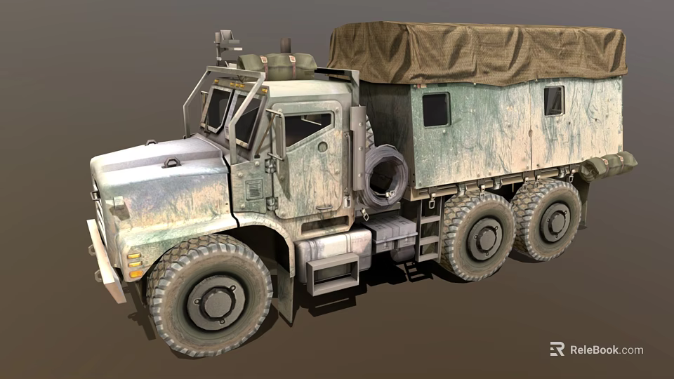 Rugged Military Truck With Camouflage Paint Canvas Cover Six Wheels And Spare Tire 3d model 