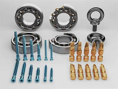 Essential Hardware Tools Collection Featuring Bearings Blue Screws And Gold Bolts 3d model
