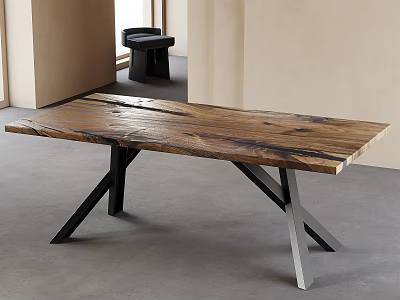 Modern Dining Table With Natural Wooden Tabletop And Metal X Shaped Legs 3d model