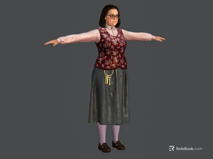 Game and Movie Character With Glasses Pink Blouse Red Floral Vest Gray Skirt Arms Outstretched 3d model 