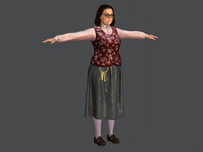 Game and Movie Character With Glasses Pink Blouse Red Floral Vest Gray Skirt Arms Outstretched 3d model