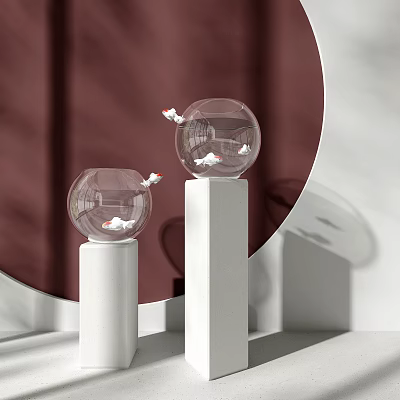 Spherical Glass Fish Tanks With Small White Fish On White Pillars And Red Curtain Background 3d model