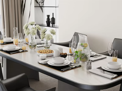 Elegant Tableware Set Arrangement on Modern Dining Table with Glassware Flower Vase and Pastry Dishes 3d model
