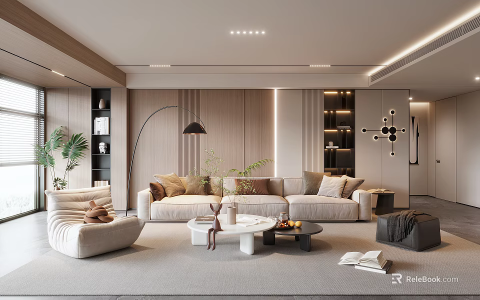 Contemporary Living Room Interior With Sectional Sofa Coffee Tables And Floor Lamp 3d model 