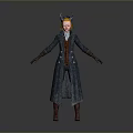 Woman Wearing Blue Headpiece Long Coat Red Vest Brown Gloves And Boots