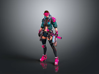 Cyberpunk Female Character With Pink Green Armor Goggles Mechanical Weapons Futuristic Sci Fi Outfit Design 3d model