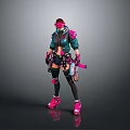 Cyberpunk Female Character With Pink Green Armor Goggles Mechanical Weapons Futuristic Sci Fi Outfit Design
