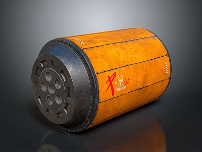 Orange Cylindrical Object With Black Parts Red Chinese Characters And Patterns 3d model