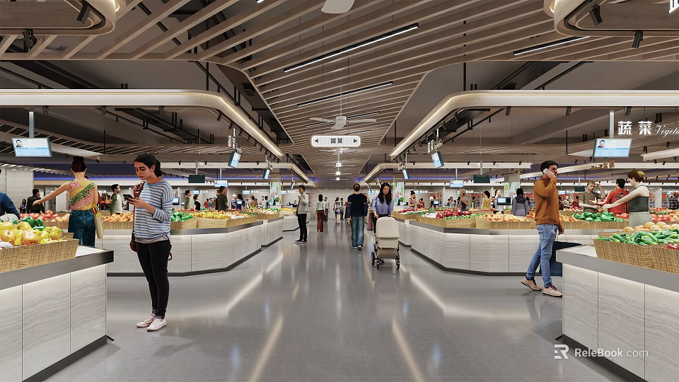 Shopping Mall Grocery Store With Fresh Produce Displays Bright Aisles And Customers Shopping 3d model 