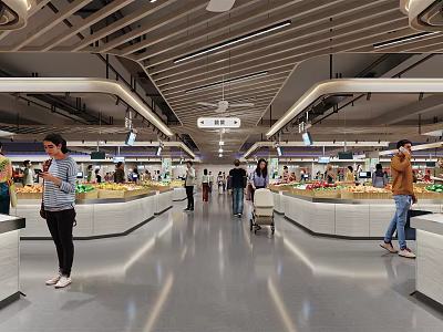 Shopping Mall Grocery Store With Fresh Produce Displays Bright Aisles And Customers Shopping 3d model