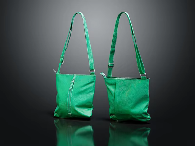 Two Green Leather Handbags With Long Shoulder Straps And Zipper Detail On Dark Background 3d model