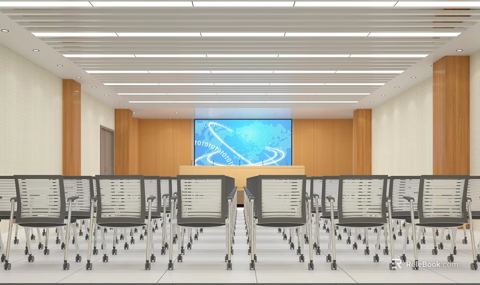 Modern Conference Room With Large Screen Bright Lighting Wooden Backdrop And Chairs 3d model 