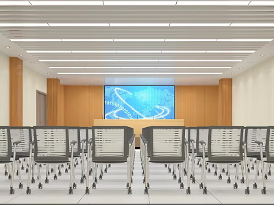Modern Conference Room With Large Screen Bright Lighting Wooden Backdrop And Chairs 3d model