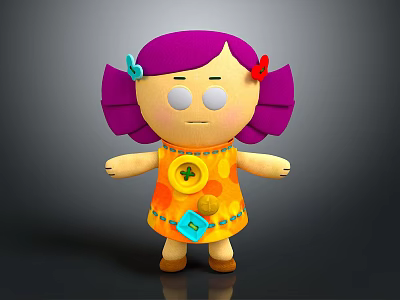 Cute Animated Game Character with Purple Pigtails Colorful Hairpins and Orange Polka Dot Dress 3d model