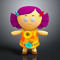 Cute Animated Game Character with Purple Pigtails Colorful Hairpins and Orange Polka Dot Dress