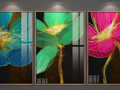 Three Modern Decorative Paintings With Blue Green Pink Flowers And Golden Details 3d model