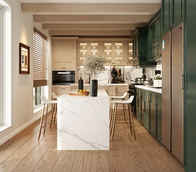 Modern Kitchen Interior With Green Cabinets Marble Island White Stools And Wooden Flooring 3d model