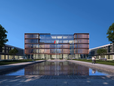 Modern Multi Storey Office Building With Glass Facade Water Pond Reflection And Landscaped Garden 3d model