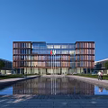Modern Multi Storey Office Building With Glass Facade Water Pond Reflection And Landscaped Garden