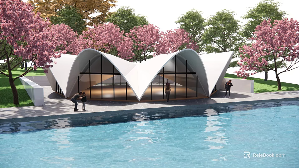 Modern Building With White Roof Glass Walls Pink Cherry Blossom Trees And Water Pool 3d model 