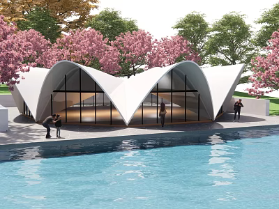 Modern Building With White Roof Glass Walls Pink Cherry Blossom Trees And Water Pool 3d model