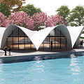 Modern Building With White Roof Glass Walls Pink Cherry Blossom Trees And Water Pool