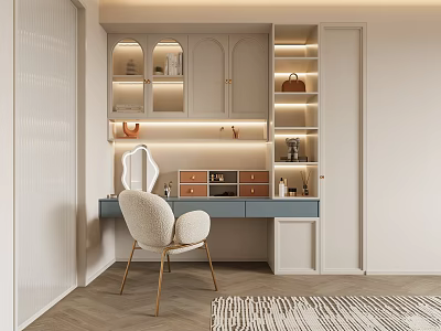 Stylish Modern Dressing Table Area With Light Colored Cabinets And Upholstered Chair 3d model