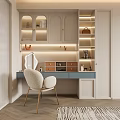Stylish Modern Dressing Table Area With Light Colored Cabinets And Upholstered Chair