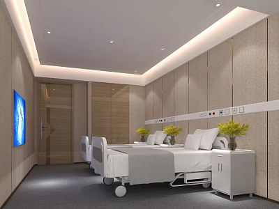 Modern Hospital Room Interior With White Beds Medical Equipment And Yellow Flowers 3d model