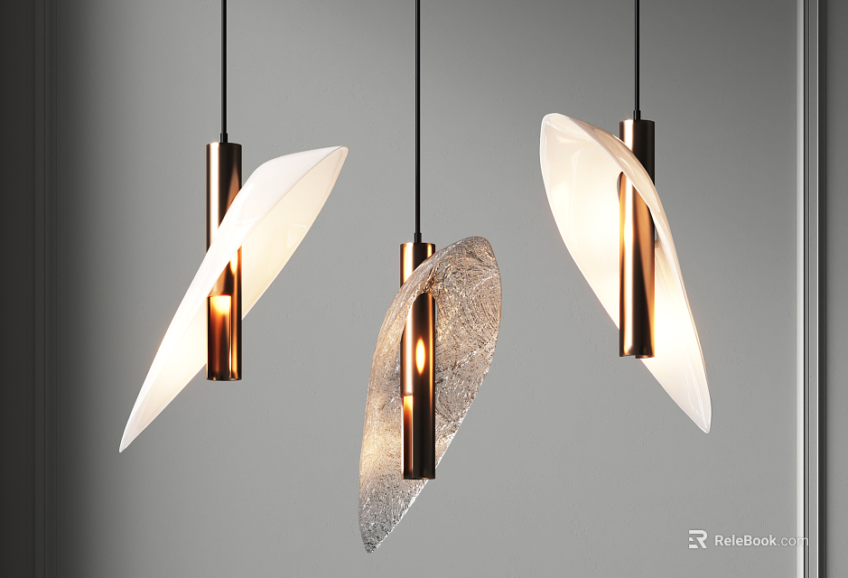 Modern Leaf Shaped Pendant Lights With Metal Accents And Transparent Shades 3d model 