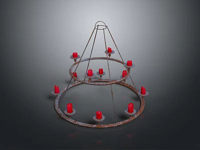 Three Tiered Metal Candle Holder With Red Candles And Hanging Structure 3d model