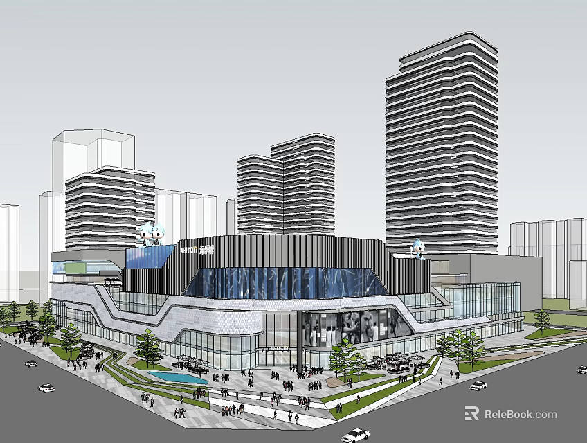 Modern Commercial Complex With Glass Curtain Wall High Rise Buildings And Crowded Plaza Greenery 3d model 