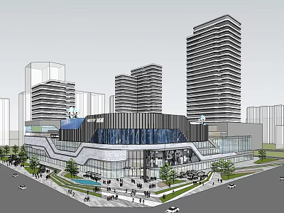 Modern Commercial Complex With Glass Curtain Wall High Rise Buildings And Crowded Plaza Greenery 3d model