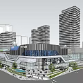 Modern Commercial Complex With Glass Curtain Wall High Rise Buildings And Crowded Plaza Greenery