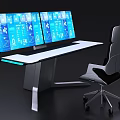 Modern Office Desk With Adjustable Silver Frame White Desktop Black Monitor And Ergonomic Rolling Chair