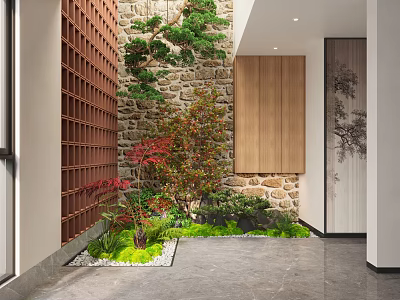 Indoor Landscape Design With Stone Wall Lattice Screen Red Leaves And Green Plants 3d model