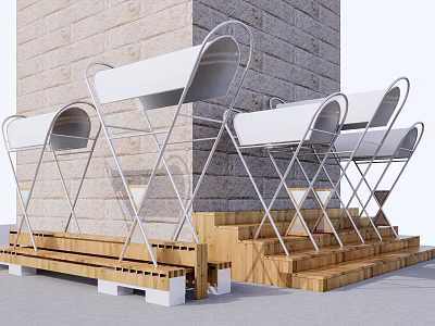 Durable Industrial Equipment With Metal Frames Wooden Platforms And Brick Wall Background 3d model