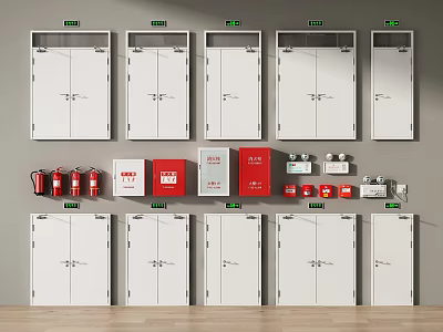 Display Of White Emergency Doors With Red Fire Safety Equipment And Green Signs 3d model