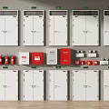 Display Of White Emergency Doors With Red Fire Safety Equipment And Green Signs