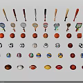 Various Sports Equipment Collection Including Baseball Bats Rackets And Balls