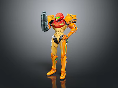 Armored Sci Fi Character With Orange Red Armor Holding Weapon And Green Accents 3d model